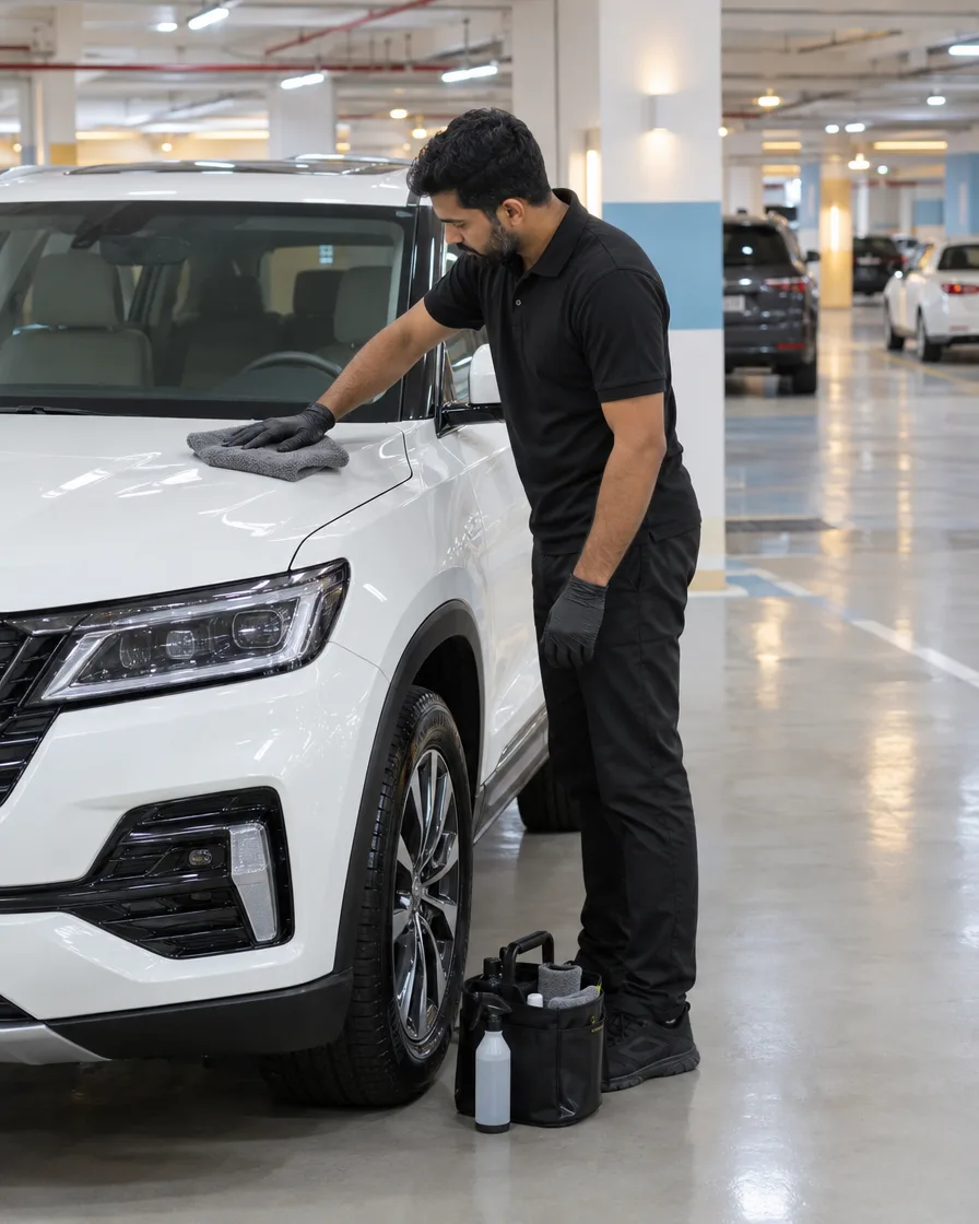 NiceWash technician wiping a white SUV in a mall car park