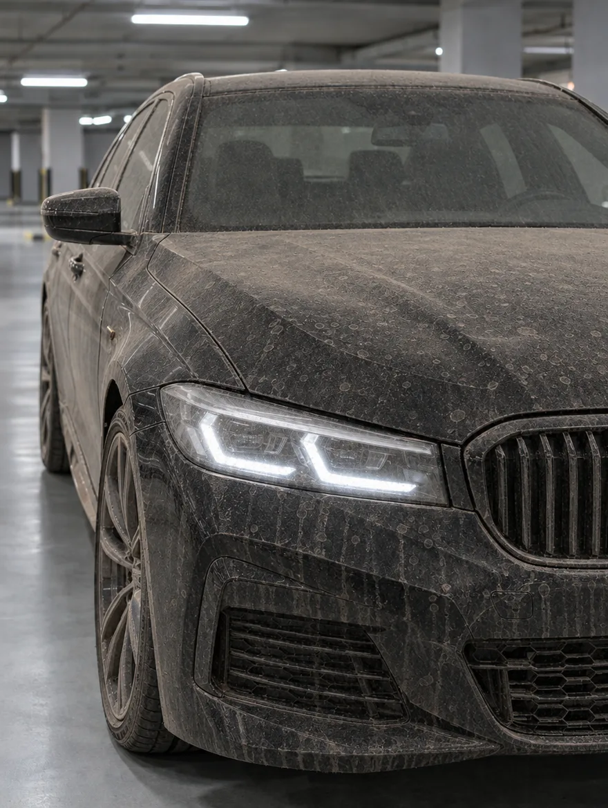 Before: black car covered in desert dust